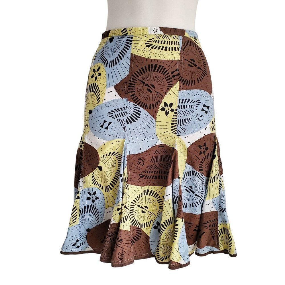 BCBG MaxAzria VTG Y2K 1990s Flared Skirt Floral Cotton Blue Brown Yellow Boho 4